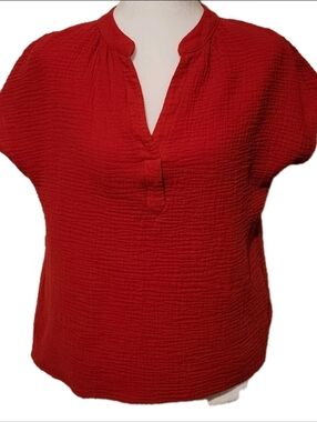Lush Red Textured Split-Neck Cap Sleeve Blouse Boxy Crop Top 100% Cotton